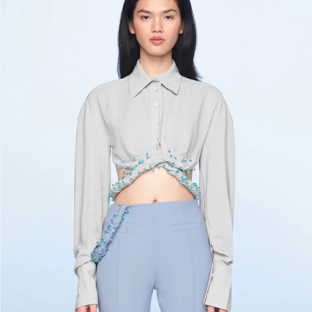 Jacquemus Stylish Powder Blue/Gray Cropped Blouse - Picture 6 of 15